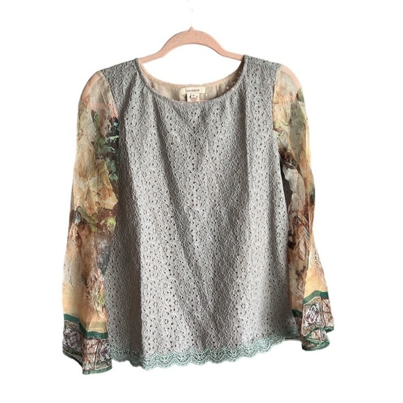Sundance Mixed Media Lace/Silk Floral Sleeve Blouse | Grey | Small - Picture 1 of 8